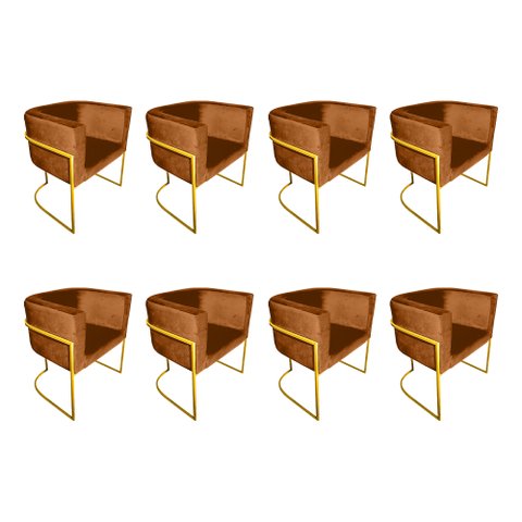 Kit 8 Cadeiras de Jantar Premium Base de Ferro Dourada Veludo Terracota