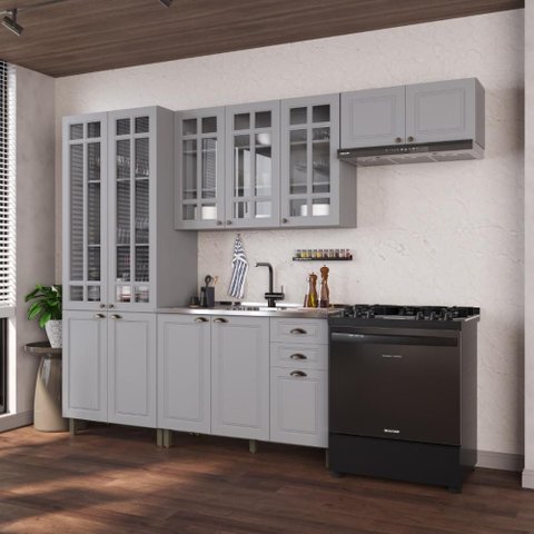 Armário de Cozinha Modulada Compacta Fidelitá Nara 100% MDF 4 Peças 280cm 12 Portas 2 Gavetas sem