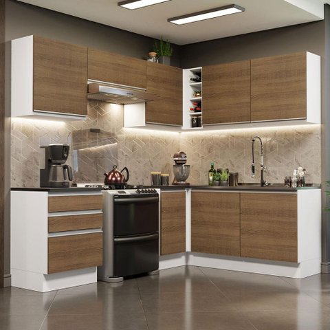 Armário de Cozinha Completa de Canto 100% MDF 409cm Branco/Rustic Acordes Madesa 01