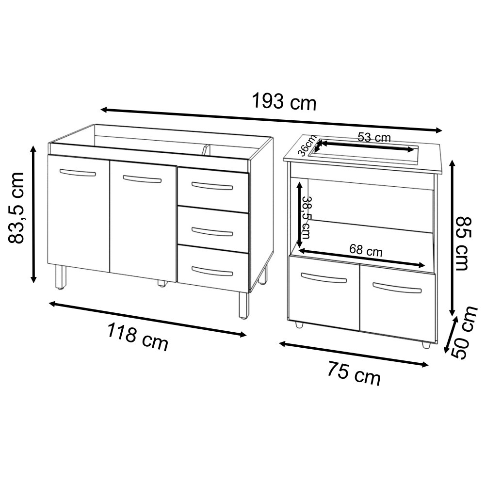 Balcão Armário Cozinha Gabinete de Pia 120 Cm Bruna e Balcão para Fogão Cooktop 4 Bocas e Forno Evel - 6