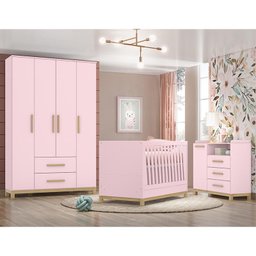Dormitório Infantil Alegria com Guarda Roupa, Cômoda e Berço Rosa Chá - Móveis Henn - 2