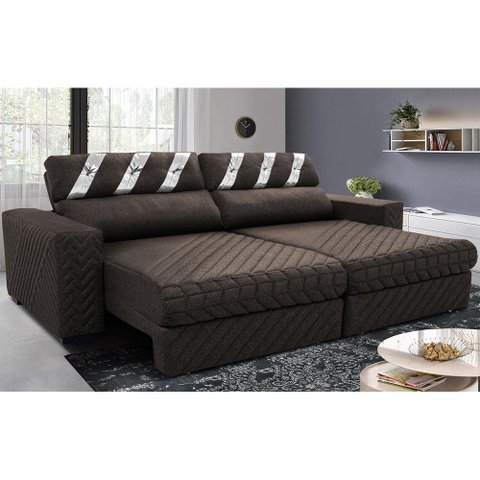 Sofá Retrátil e Reclinável 2,15m Molas Ensacadas Cama inBox Silver Style Thermo Gel Linho Marrom