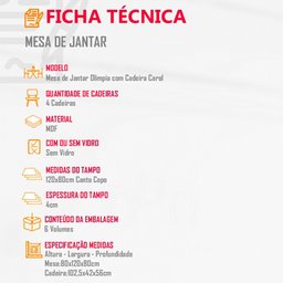 Sala de Jantar Mesa Olímpia 120CM MDF Canto Copo com 4 Cadeiras Carol Moderna - 5