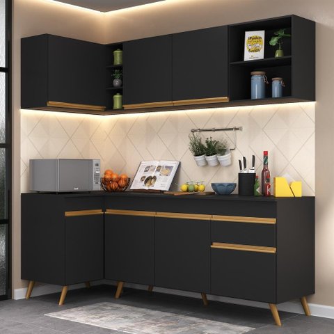 Cozinha Compacta de Canto Veneza GB Multimóveis MP2058 com Armário e Balcão Preta