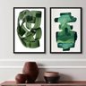Kit 2 Quadros Decorativos Verdes Abstratos- Aquarela 33x24cm - com Vidro:madeira Branca - 2