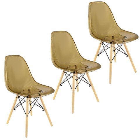 Kit 3 Cadeiras Charles Eames Cristal Eiffel Wood Designer Transparente