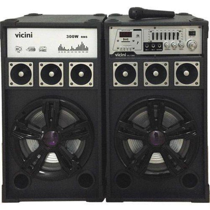 Conj. 2 Caixas Acústicas Mp3, Fm, Bluet, Microf, 300Wrms, Entr USB