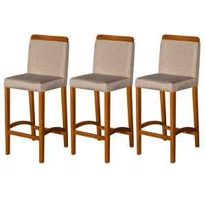 Kit 3 Banquetas Dubai Alta Bar Luxo Pés em Madeira Maciça Área Gourmet Balcão Sacada Hall Cor Bege