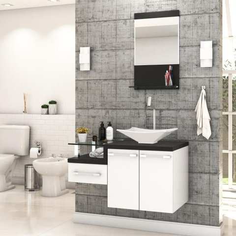 Conjunto Balcão C-cuba L38 e Espelheira Legno 831 Branco Chess C-nogal Branco Chess C-preto Ônix