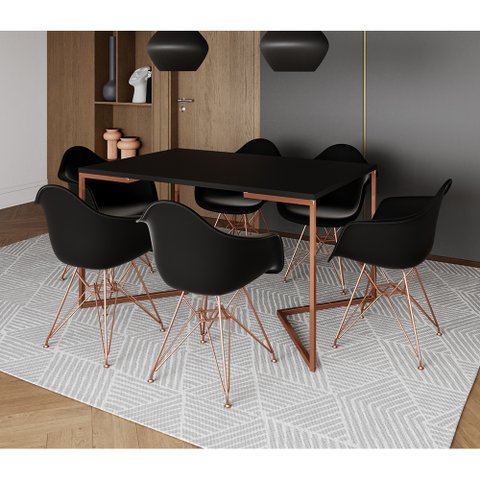 Mesa Jantar Industrial Retangular Preta 137x90cm Base V Cobre com 6 Poltronas Pretas Eames Eiffel Ba