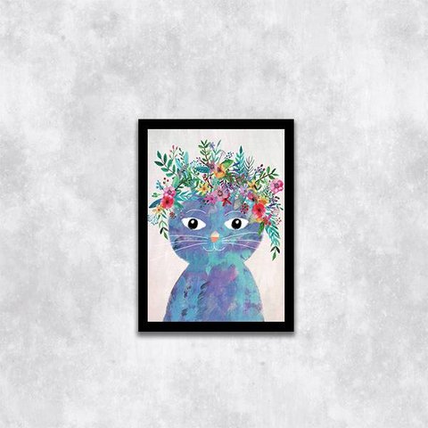 Quadro Ilustração Infantil Gatinha Azul 45x34cm - com vidro:Madeira preta