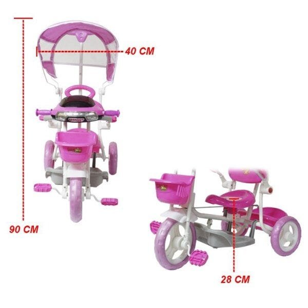 Triciclo Motoca Bicicleta 3 Rodas Infantil Passeio com Empurrador Pedal Luz Som Capota Rosa - 2