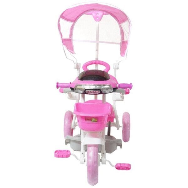 Triciclo Motoca Bicicleta 3 Rodas Infantil Passeio com Empurrador Pedal Luz Som Capota Rosa - 3