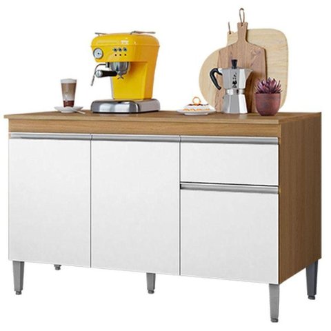 Balcão de Cozinha Tatiane com Tampo 120cm Amêndoa Branco - Ajl