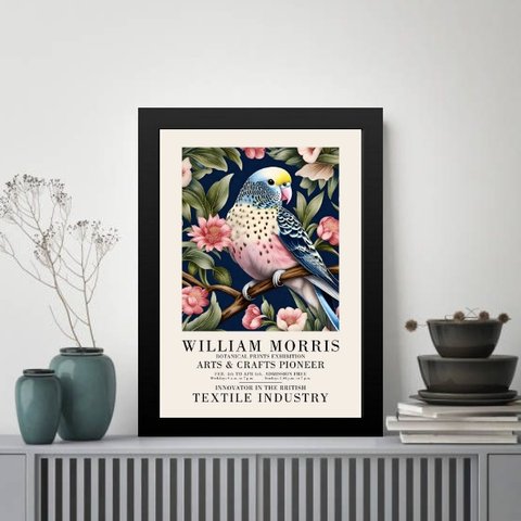 Quadro Periquito Flores - William Morris 33x24cm:moldura Preta