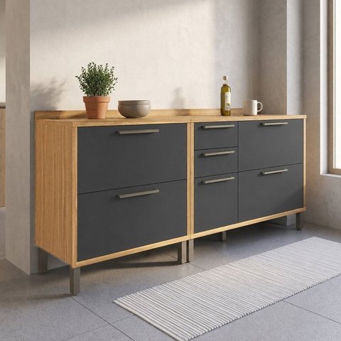 Balcões de Cozinha 100% MDF 3 Portas Basculantes 4 Gavetas e Tampos 200cm Vicenza Espresso Móveis Cinza/Amêndoa/Chumbo