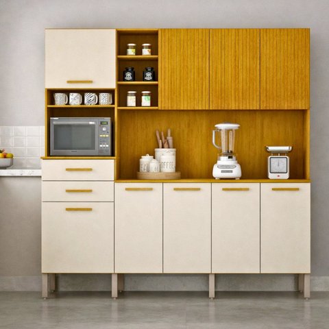 Armário de Cozinha Completa 9 Portas com Nicho e Portas Frisadas Louvre Bege/Cinamomo/Off White Acetinado