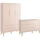 Ver imagem 1 de Jogo de Quarto Infantil Theo Guarda Roupa 3 Portas e Cômoda Rosa Fosco com Pés Madeira Natural - Rel