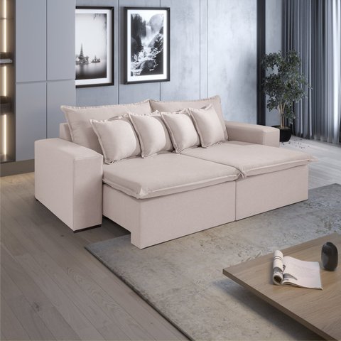 Sofá 1,80 Retrátil Topázio Com Molas Bonnel 3 Lugares Fabri Decor:Bege