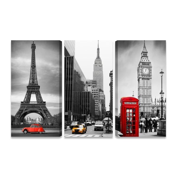 Quadros Torre Eiffel Times Square Big Ben 3 Telas Tecido MD - 1