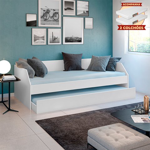 Bicama Solteiro Duo com Cama Auxiliar em Mdf Premium Branco com 2 Colchões