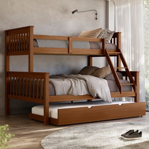 Beliche Casal Madeira Maciça Reforçada + Cama Aux Solteiro:Castanho