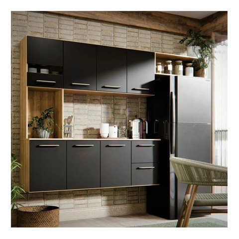 Armário de Cozinha Completo Juliana 180cm Damasco e Preto