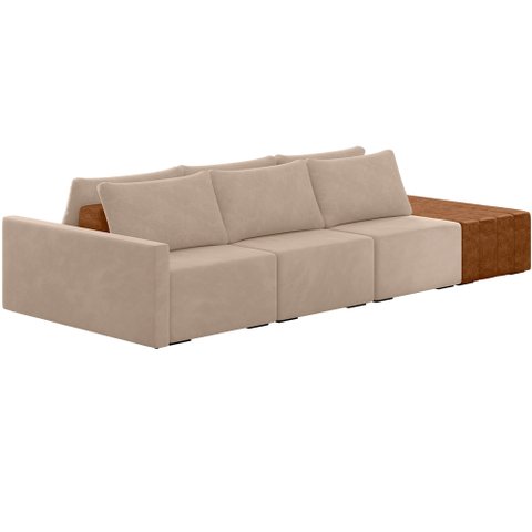 Sofá Ilha Modular para Sala 312cm com Puff Dublin K01 Veludo Bege Sintético Caramelo - Lyam Decor