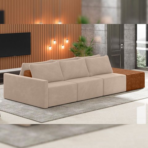 Sofá Ilha Modular para Sala 312cm com Puff Dublin K01 Veludo Bege Sintético Caramelo - Lyam Decor