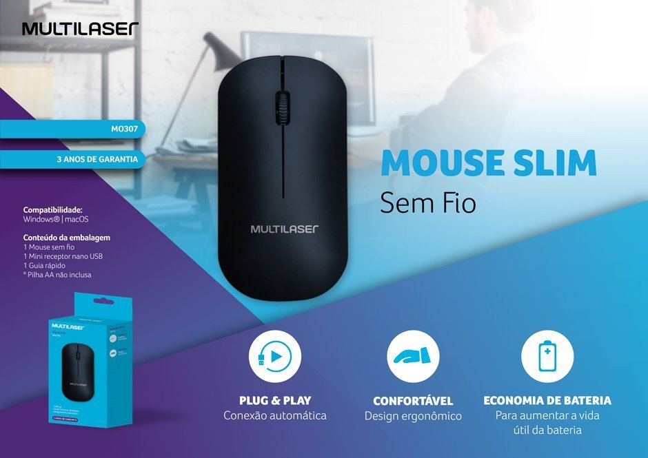 Mouse Sem Fio Ergonomico 2.4 Ghz 1200 Dpi Preto Usb Economiza Pilha Power Save MO307 Multilaser - 3
