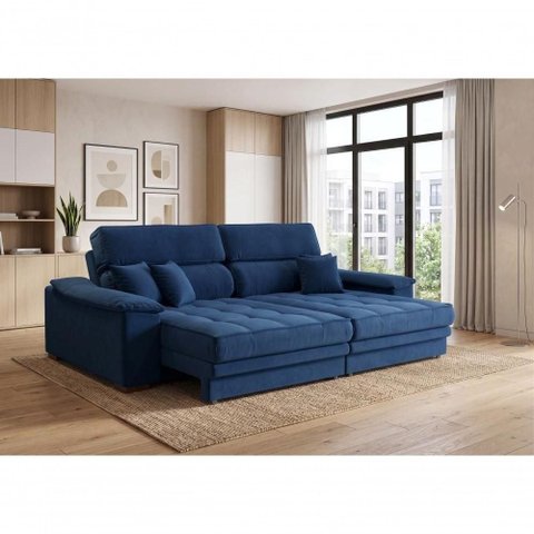 Sofá com Chaise Charlotte 4 Lugares Retrátil e Reclinável 214cm Azul Linho