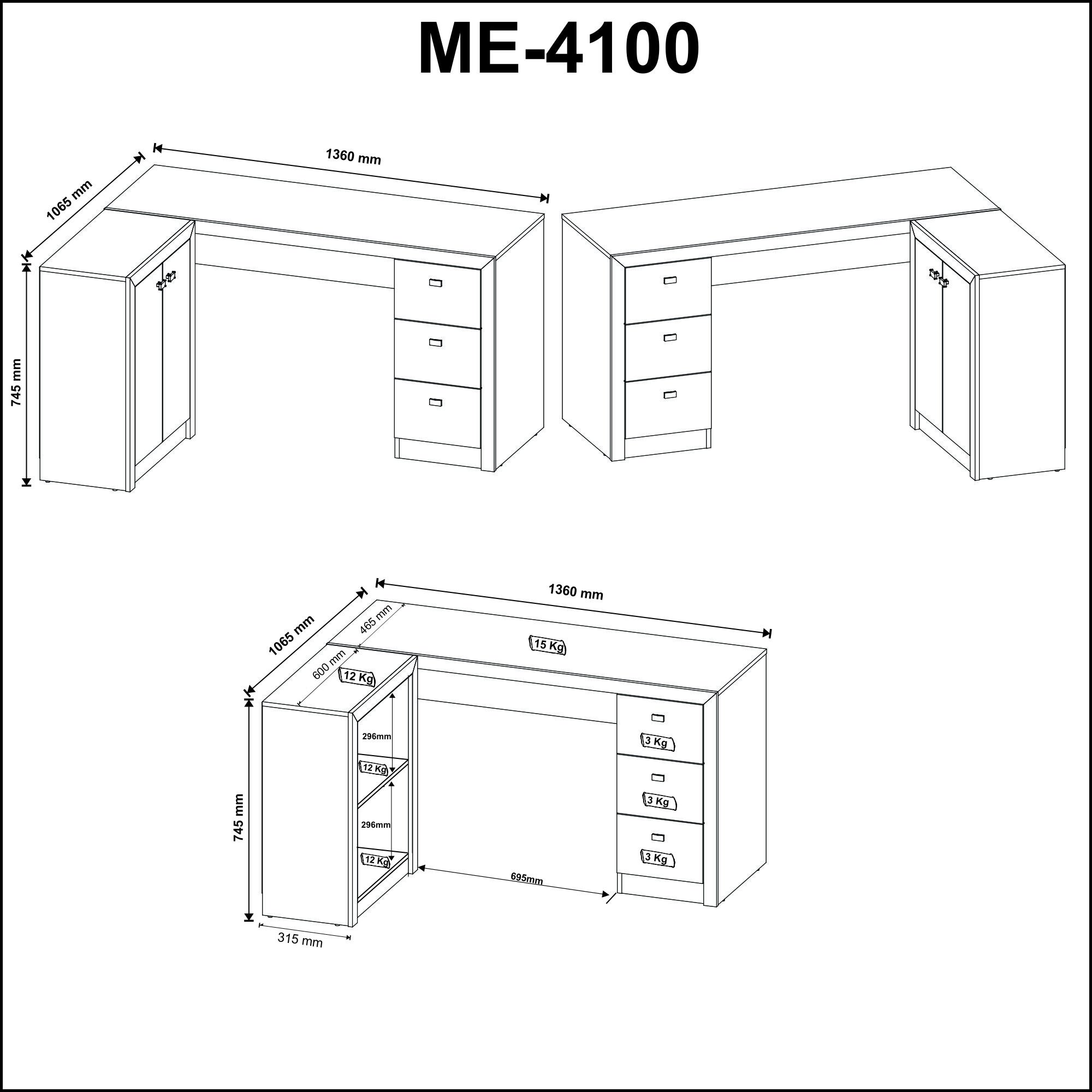 Mesa para Escritório em L com 3 Gavetas e Armários Me4100 Tecno Mobili - 4