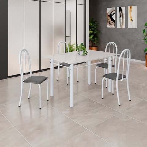 Conjunto de Mesa Tubular 120cm x 75cm Tampo em Vidro com 4 Cadeiras Iris B Branco/Preto