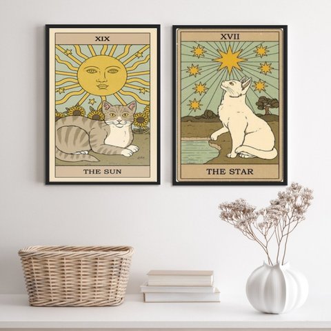 Kit 2 Quadros Cartas Tarot Gato- The Sun e The Star 33x24cm - com Vidro:madeira Preta