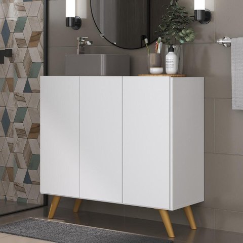 Gabinete Banheiro 3 Portas Retrô 90Cm Multimóveis Mp5030 Branco/Natural
