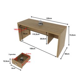 Mesa para Escritório 155cm com 3 Gavetas Reversível ME4113 - 8