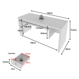 Mesa para Escritório 155cm com 3 Gavetas Reversível ME4113 - 8