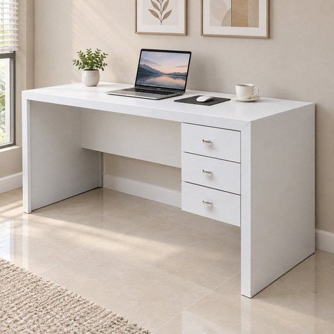 Escrivaninha Mesa Escritório com Reversível ME4113 3 Gavetas 155cm Branca