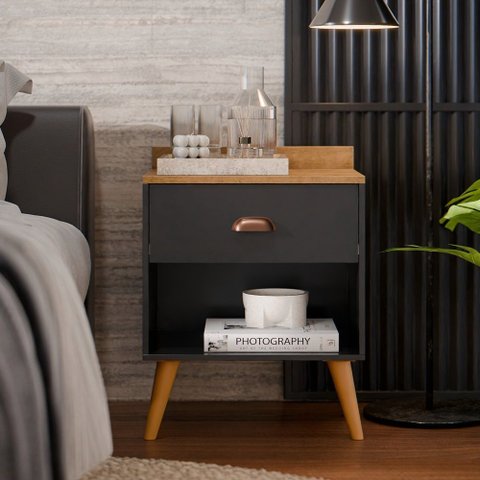 Mesa de Cabeceira Pérola New Pés Estilo Retrô Puxador Moderno para Quarto 1 Gaveta - Preto/freijó