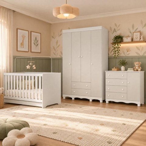 Quarto de Bebê Completo com Berço Americano 3 em 1 p/Colchão 130x70cm Flor Multimóveis MP4937