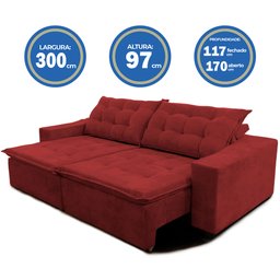 Sofá Amazonas 3 metros Retrátil com Molas Suede Veludo Light Vermelho - Sofá na Web - 7