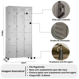 Armário Roupeiro de Aço Vestiário Academia 12 Portas Locker Cinza - 2 Armário Roupeiro de Aço Vestiário Academia 12 Portas Locker Cinza - 2