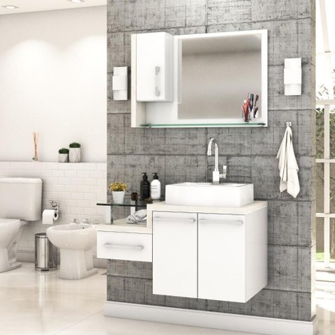 Conjunto Balcão C-cuba Aria 41 e Espelheira Legno 830 Branco Chess C-preto Ônix Branco Chess C-