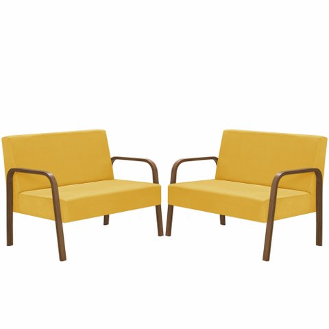 Kit Poltrona Decorativa 2 Namoradeiras Jade Braço Madeira D Salla Suede Amarelo
