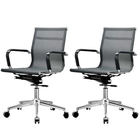 Kit 2 Cadeiras Giratória Office Sydney Diretor Fratini Tela Preta Base Rodízio Aço Cromado