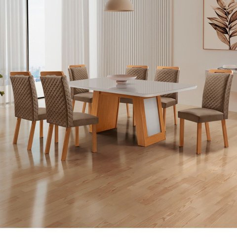 Mesa de Jantar Carolina 180cm Tampo MDF Vidro Canto Copo com 6 Cadeiras Lorena