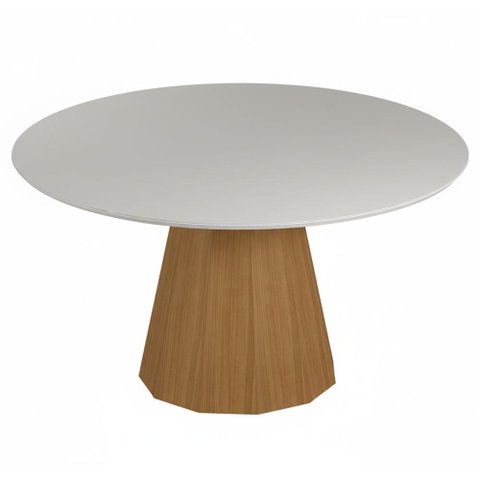Mesa de Jantar 6 Lugares Redonda 135cm Base Cone Tampo MDF com Vidro Erimon N01 Ypê Off White - Lyam