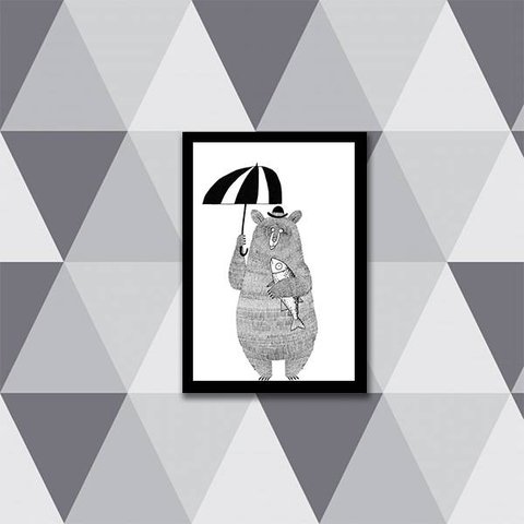 Quadro Ilustração Infantil Urso Estilo Escandinavo 33x24cm - com vidro:Madeira preta
