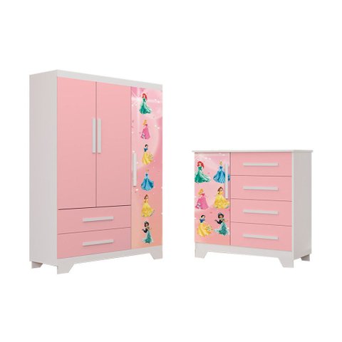 Conjunto Quarto Infantil Princesas Rosa MDF Roupeiro e Cômoda para Menina Criança Moderno Completo