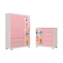 Ver imagem 1 de Conjunto Quarto Infantil Princesas Rosa MDF Roupeiro e Cômoda para Menina Criança Moderno Completo